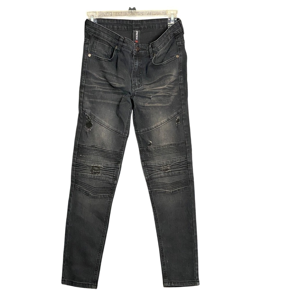 One Point One Kids Boys Black Moto Jeans Distressed Stretch Size 12‎